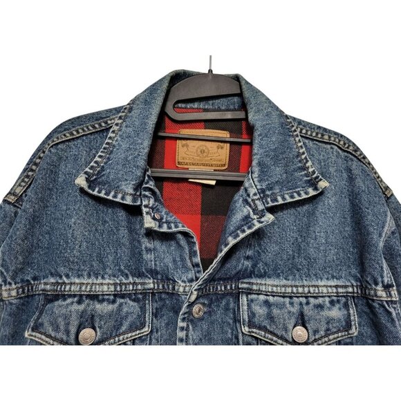 Vintage GAP 90s Denim Trucker Jacket Buffalo Plaid Blanket Lined - Picture 4 of 16